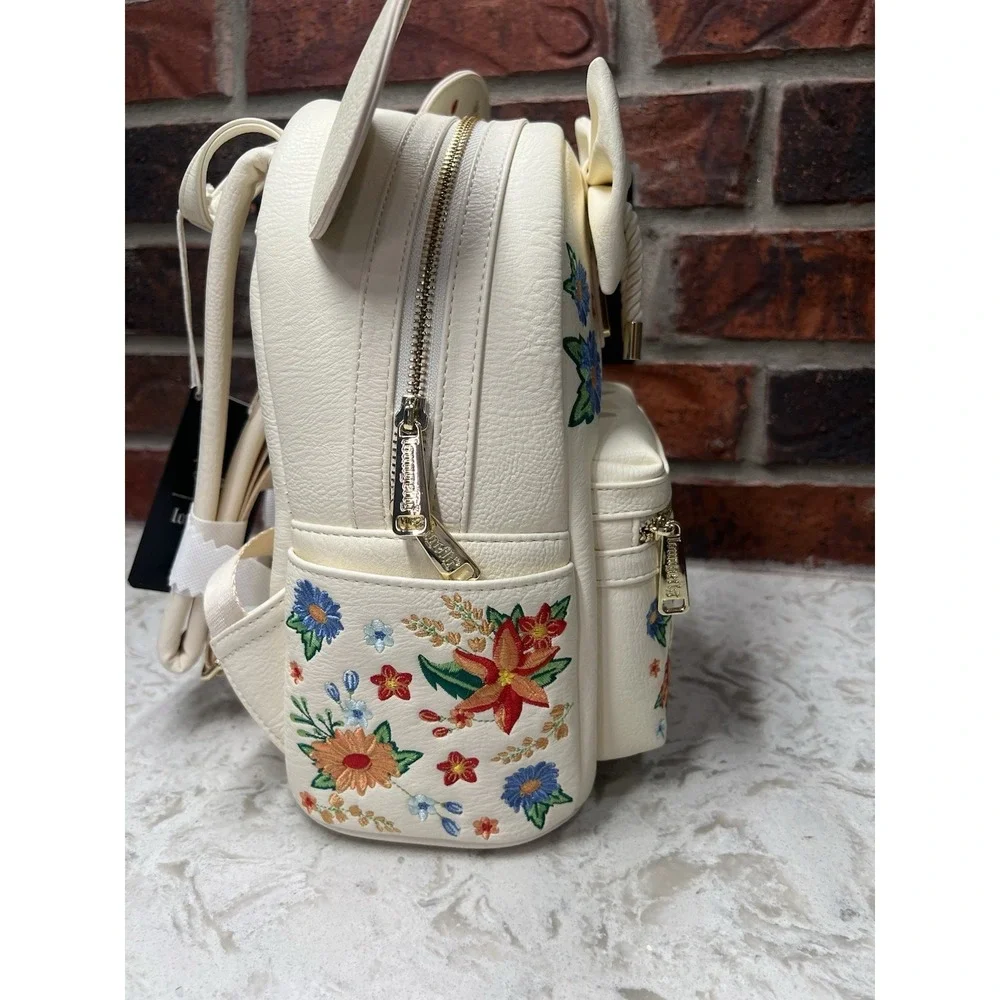 Loungefly Disney Minnie Mouse Embroidered Floral Bow Mini Backpack Beige NEW - Picture 6 of 12